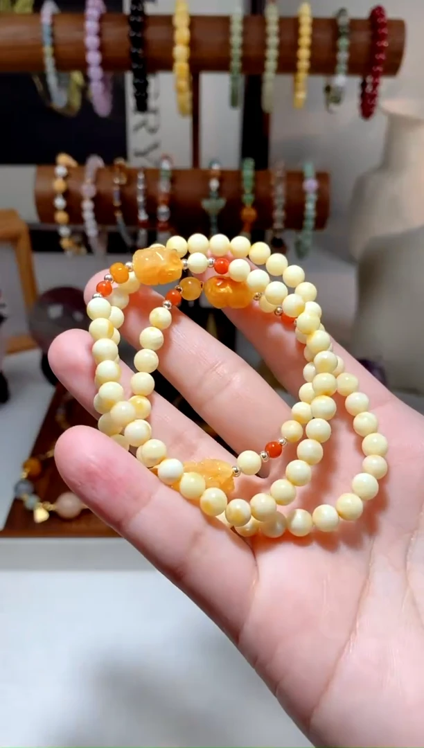 银S925镶嵌蜜蜡手链蜜蜡貔貅手链 约6mm 白蜡 多样性发一