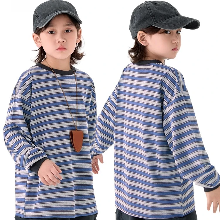 男童长袖T恤春季2025中大童欧若风条纹打底衫百搭洋气儿童上衣潮t
