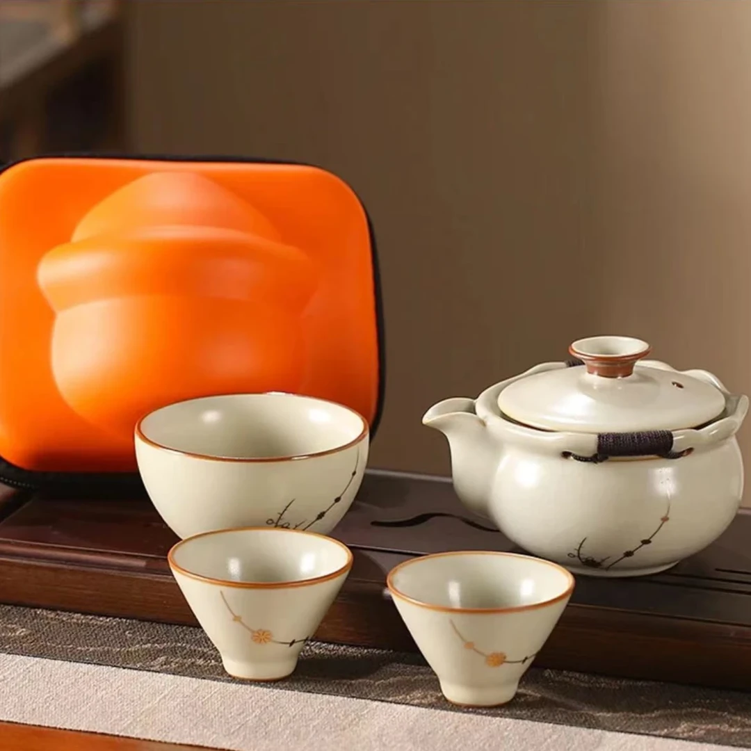 【沉鱼】顶汝锔钉米黄汝窑一壶三杯旅行套餐旅行茶具商务礼品-C014