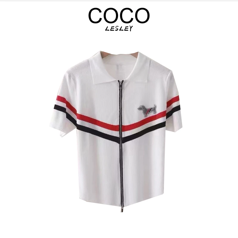 【COCO LESLEY】小狗刺绣重工YKK拉链翻领短袖针织开衫