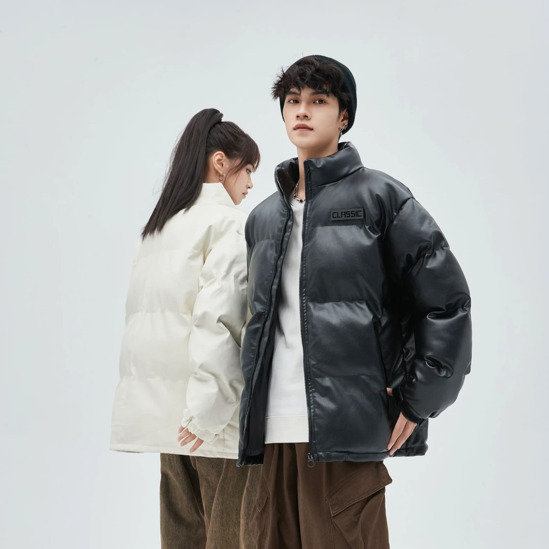 2024冬季新款高街情侣立领PU皮棉衣休闲棉服加厚潮流百搭港风宽松