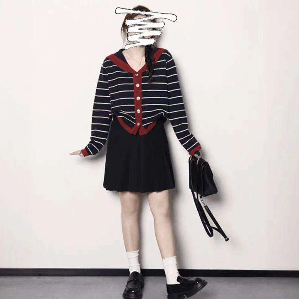 Z064 女装海军领别致条纹针织毛衣早秋新款巨显瘦开衫外套上衣