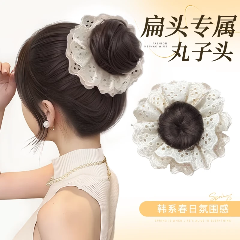 丸子头假发女韩系蕾丝发圈花苞头自然蓬松扁头盘发神器懒人假发包