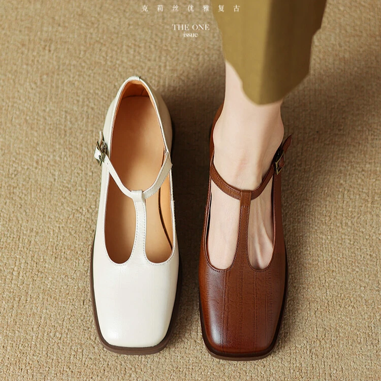 中口玛丽珍鞋丁字式扣带浅口单鞋方头包头夏季拼色