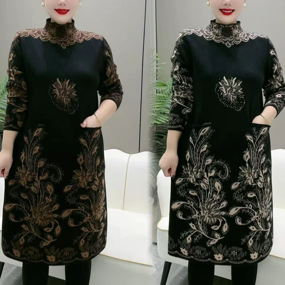 百搭新款气质针织连衣裙时尚潮款大版衫2025高领中长款毛衣妈妈衫