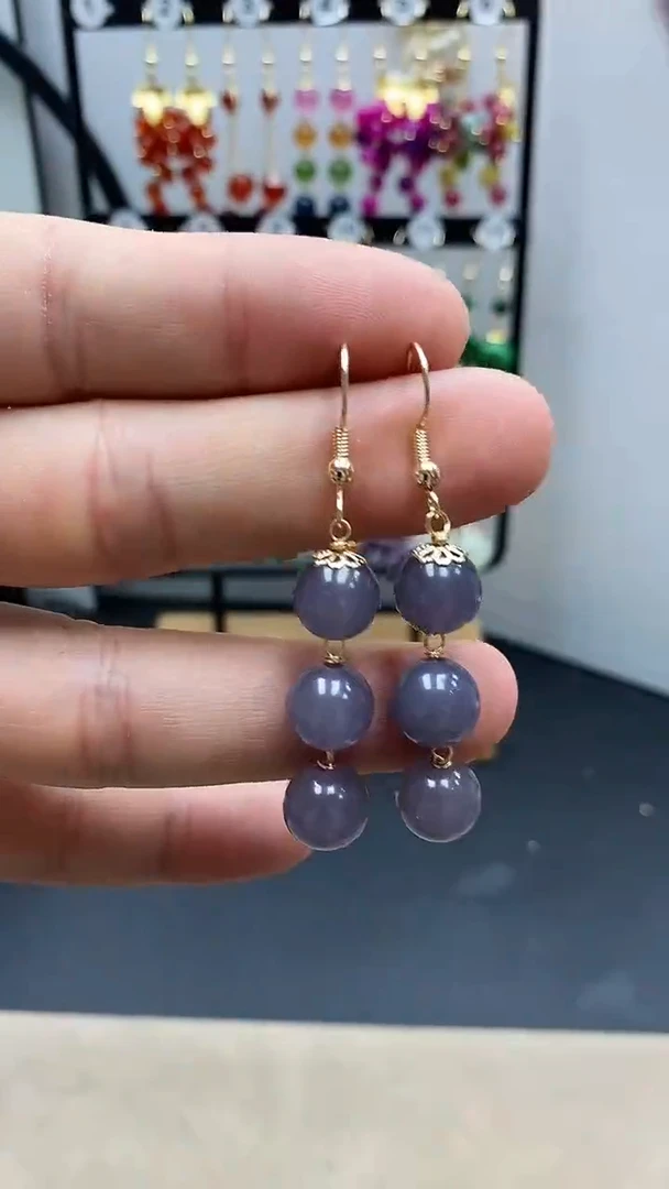 【闪购商品】和田玉耳饰银S925镀金镶嵌烟紫连珠尺寸10mm