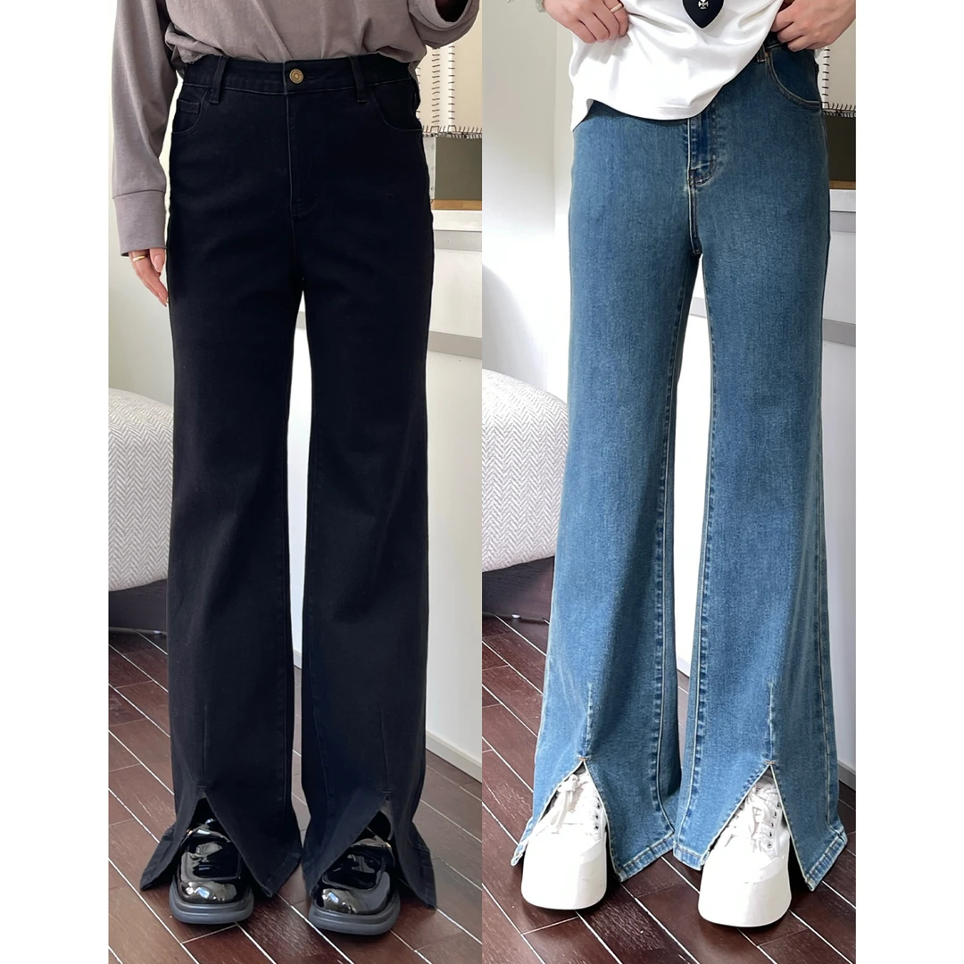 裂渡宣宣【版型巨赞】微胖大码女显瘦百搭喇叭开衩牛仔裤ZY507A01