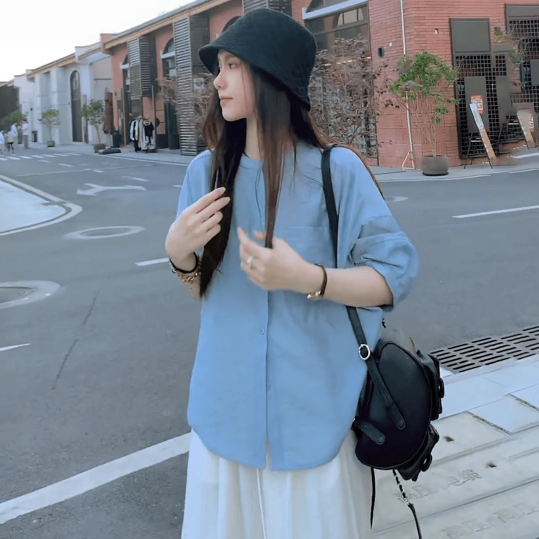 女装夏季新款时尚套装蓝色衬衫中袖气质宽松上衣搭配薄款阔腿长裤