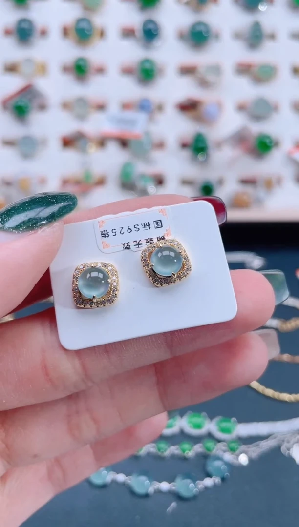 银S925镶嵌翡翠耳饰天然翡翠