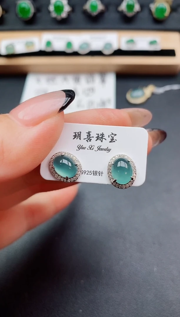 翡翠银S925镶嵌耳饰5080
