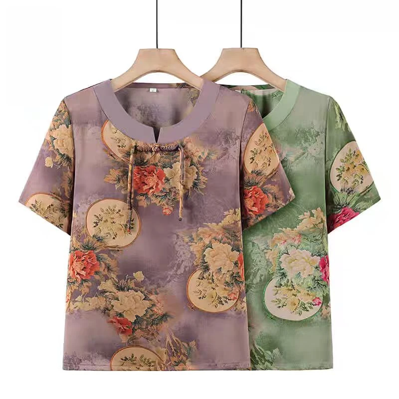 9419-夏季新款新中式国风短袖洋气时尚妈妈装套头小衫（老仓库）