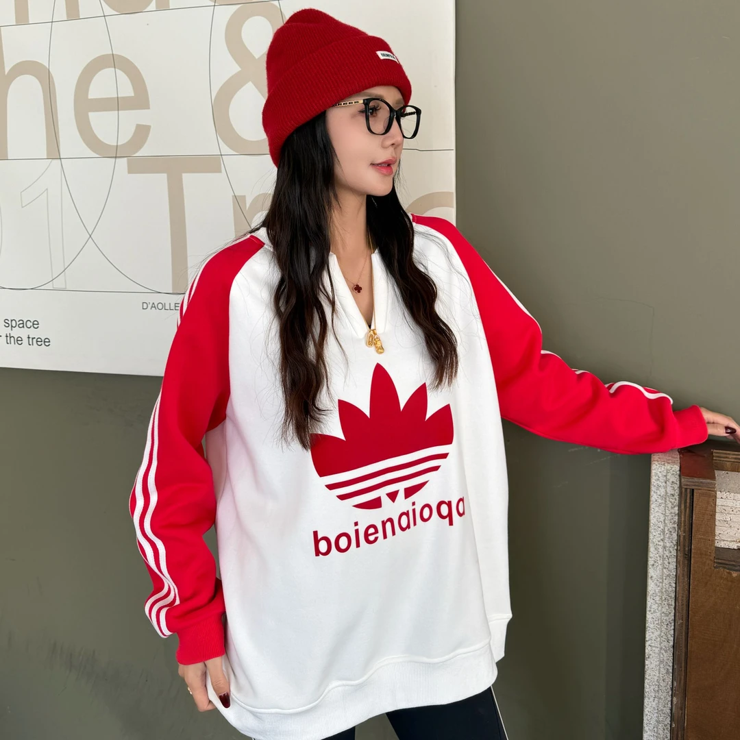 【黑红插肩】冬季新款百搭宽松植绒插肩袖加绒套头女士V领卫衣2025