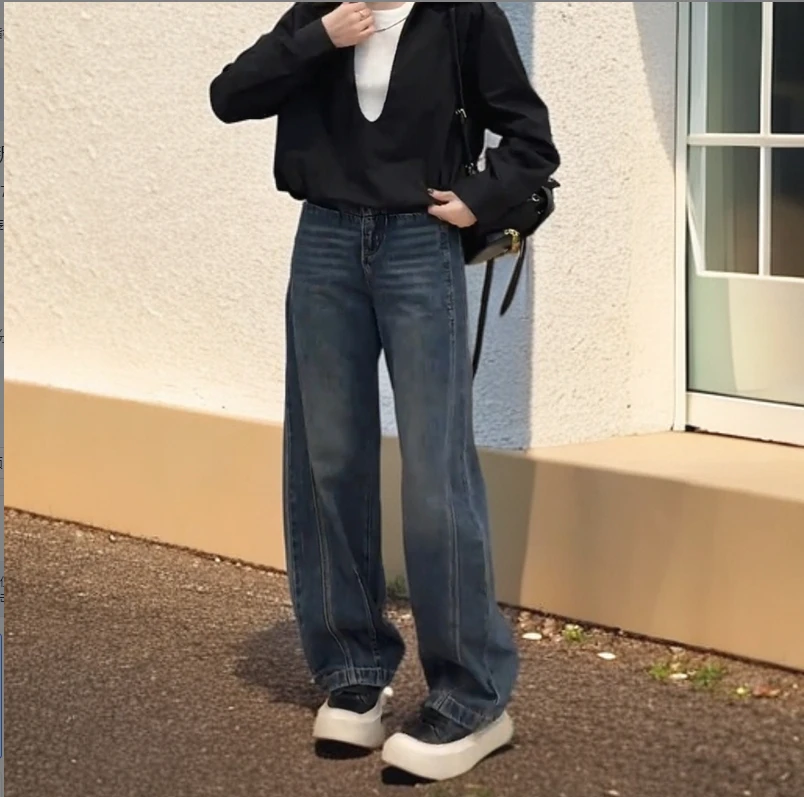 2025高腰显瘦直筒薄款牛仔裤女宽松洋气时髦百搭春季阔腿弯刀裤