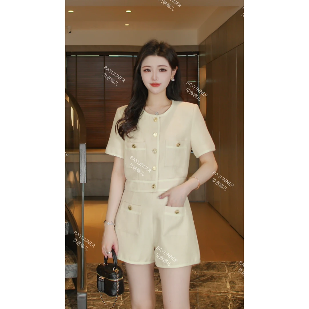 2025夏季新款轻奢气质小香风法式短袖短裤两件套套装时尚