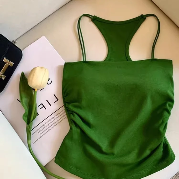 绿色抹胸挂脖露背吊带背心女外穿带胸垫美背文胸一体打底内搭上衣