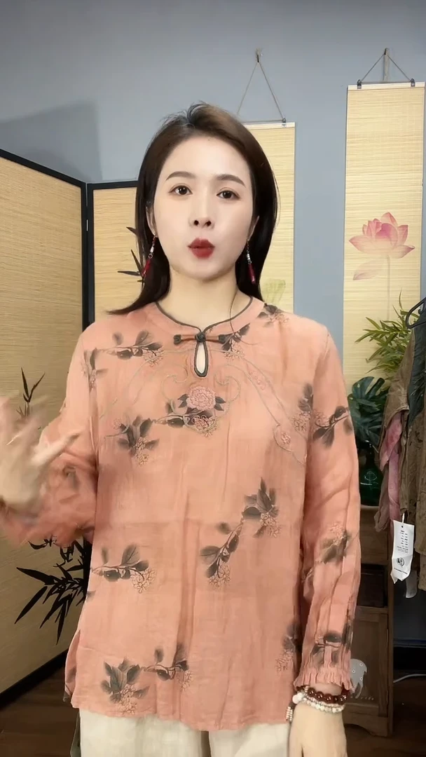 复古国风苎麻刺绣印花衬衫