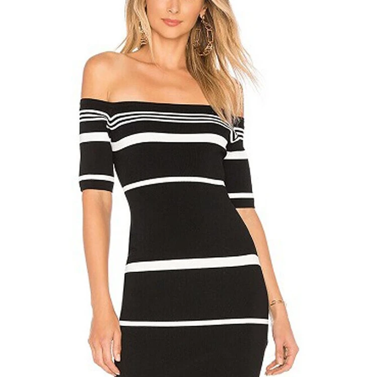 KROCHE&CHEN拼色条纹五分袖露肩一字肩绷带包臀显瘦紧身连衣裙