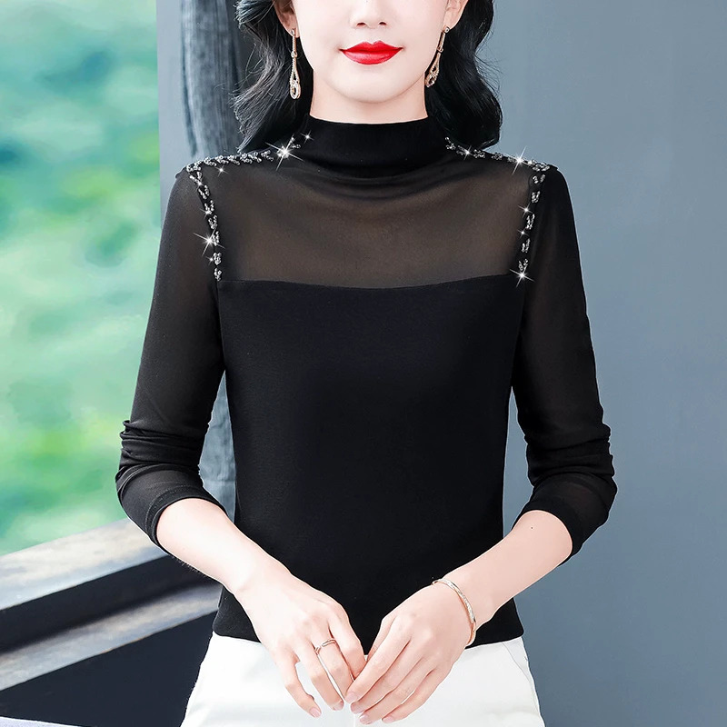 半高领网纱打底衫t恤女内搭春秋冬新款加绒加厚上衣妈妈修身小衫