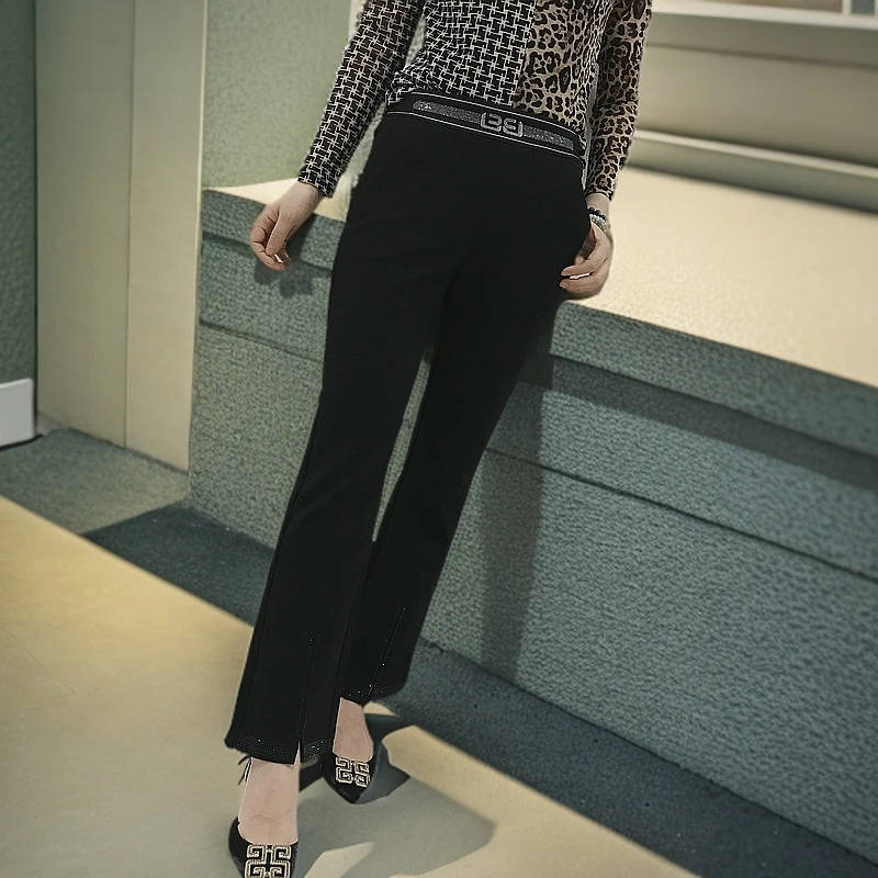 9116时尚休百搭女裤休闲裤微喇黑色开叉修身气质秋冬