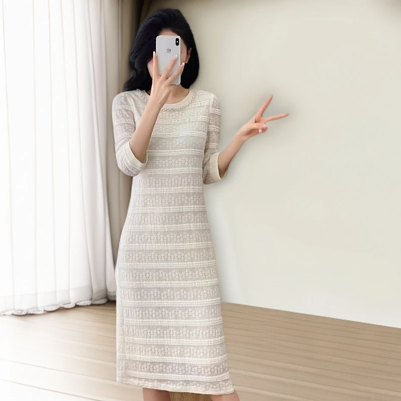 法式长裙高腰淑女连衣裙提花气质打底圆领时尚L730