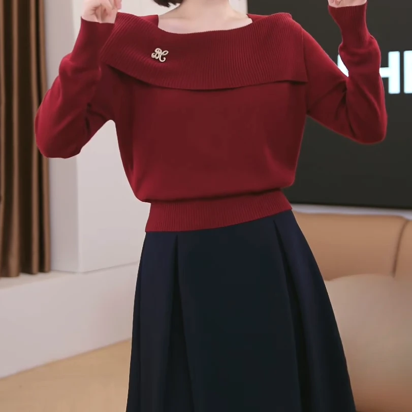 秋季时尚百搭设计感胸针一字领针织套头上衣C6016