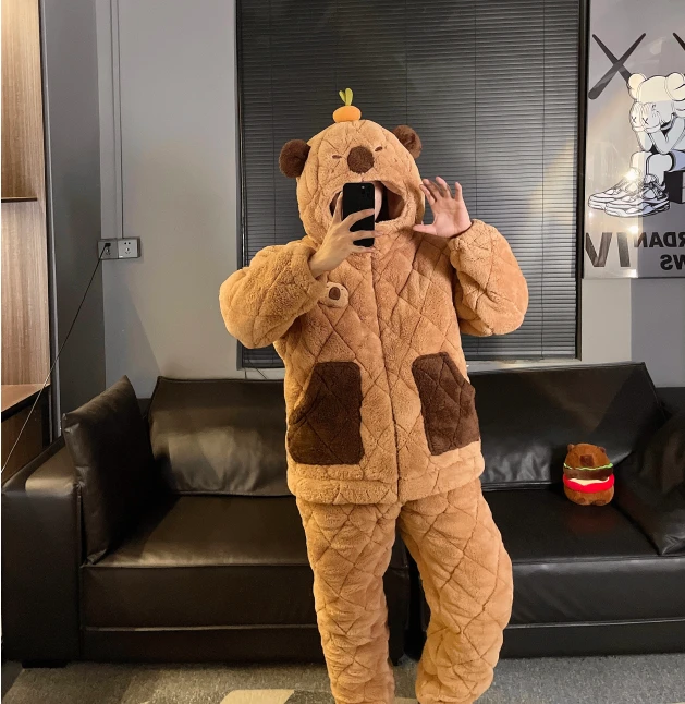 加厚三层夹棉连帽情侣睡衣卡皮巴拉耐寒男女款冬季秋女士保暖加绒