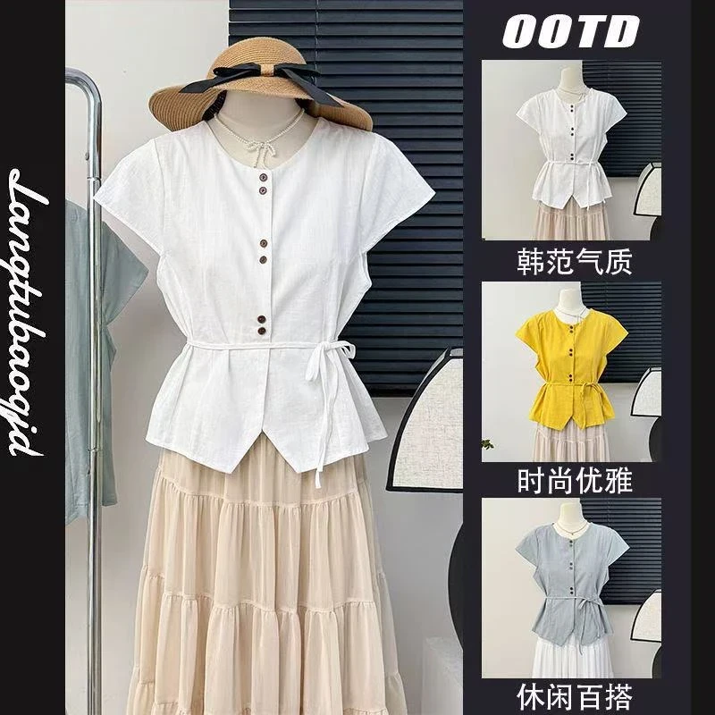 2025夏季新款韩版时尚百搭宽松显瘦纯色系扣短袖衬衫女上衣潮
