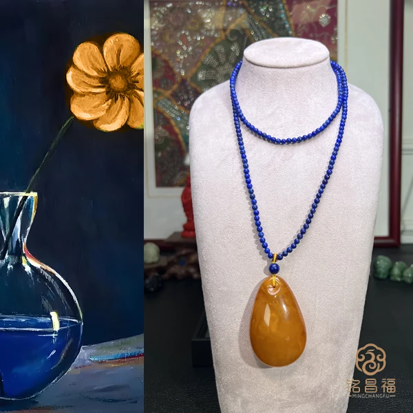 精品天然蜜蜡老蜡水滴吊坠（珠链4mm）923-121