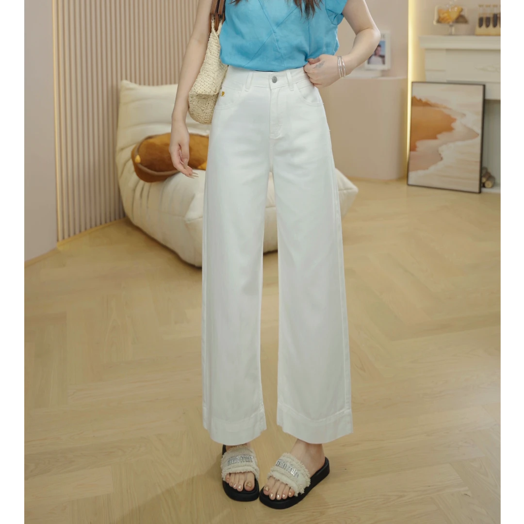 白色天丝宽松减龄直筒牛仔裤女2025夏薄款高腰显瘦九分裤28396