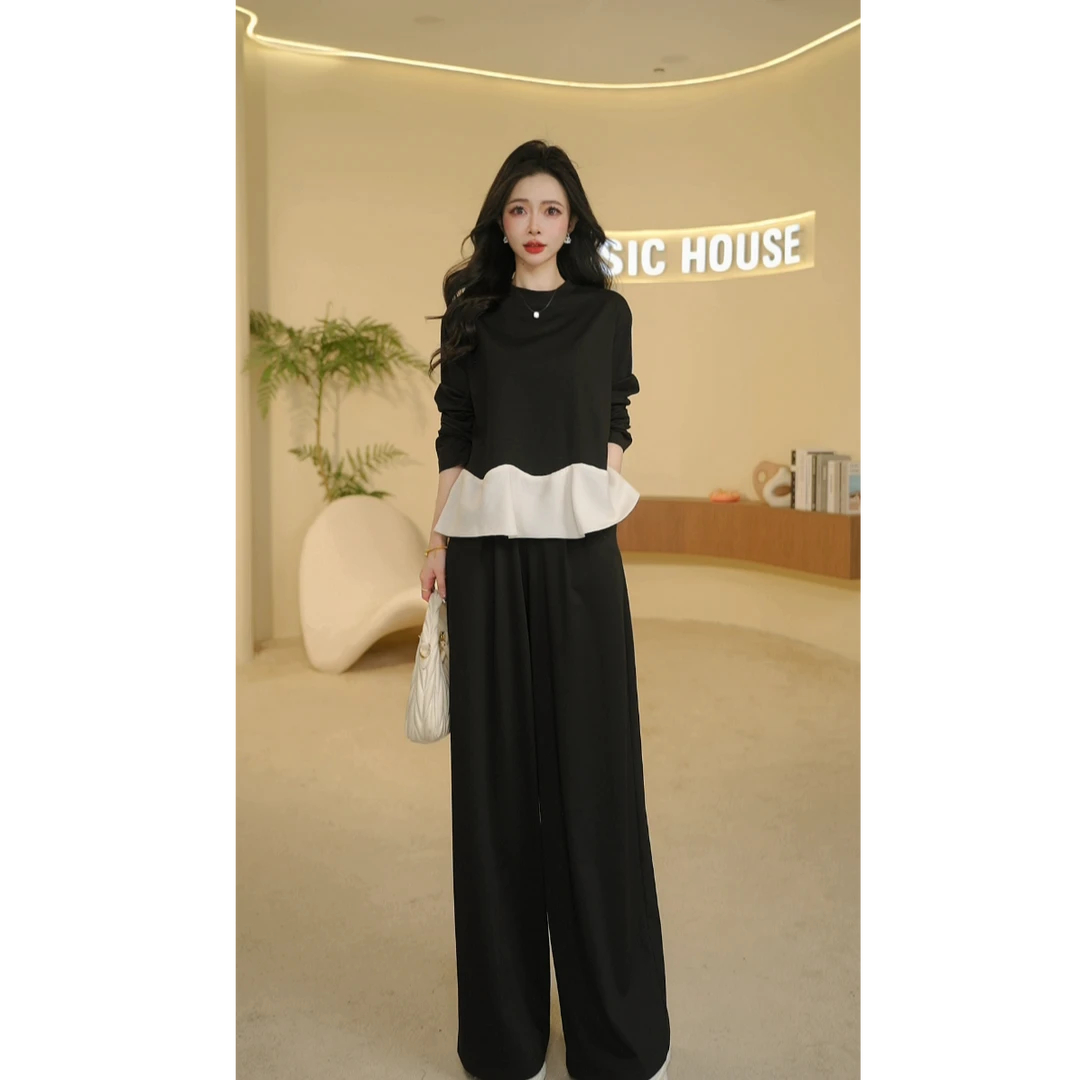 Basic House/百家好25新款显瘦休闲时尚百搭撞色拼接长袖两件套