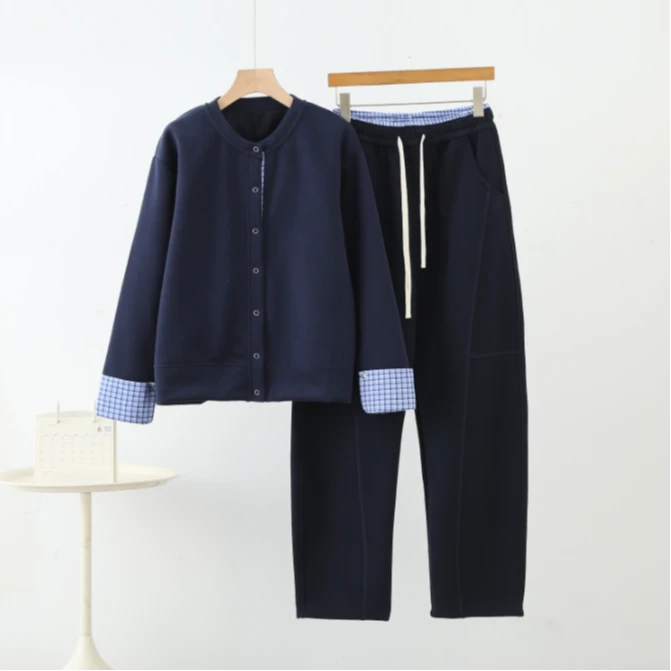 8013早春新款净版格子袖上衣裤子（套装）