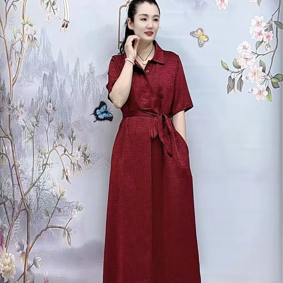 912夏季新款时尚遮肉显瘦减龄暗门襟暗扣翻领短袖连衣裙