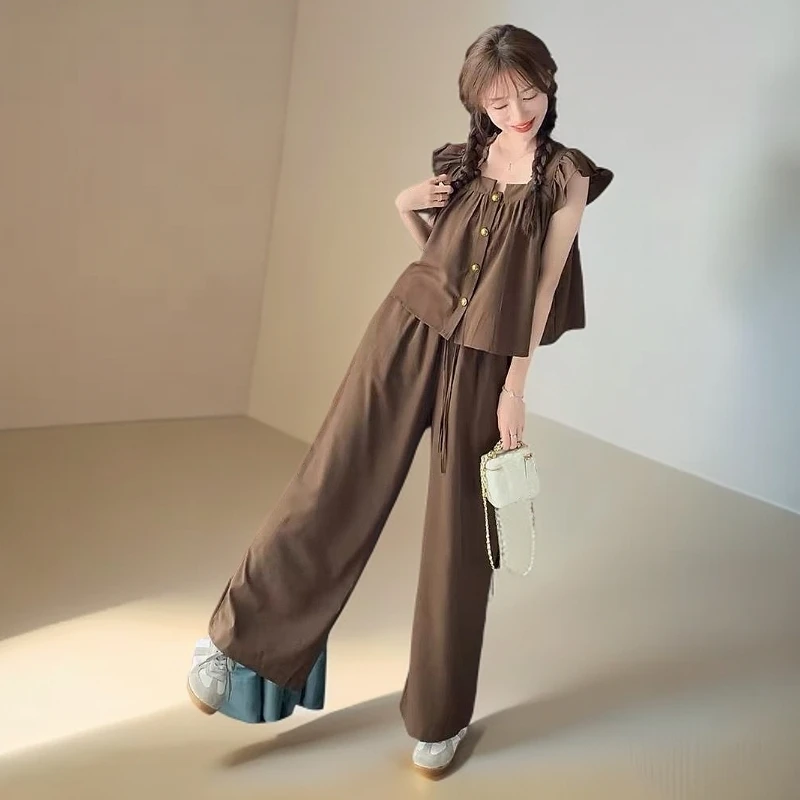 休闲甜美减龄宽松套装女夏2025新款小个子衬衫气质阔腿长裤两件套