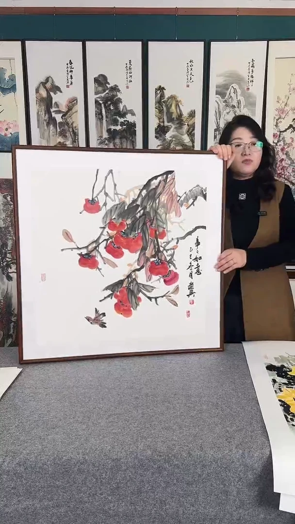 国画83*83柿子实木装裱