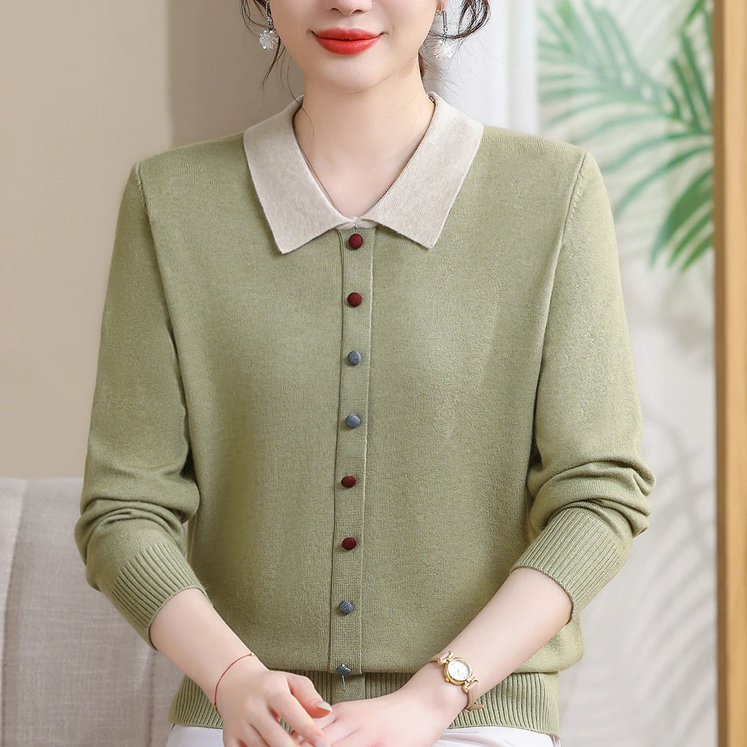 2025新款翻领针织小衫中老年女装洋气薄毛衣妈妈秋装打底衫上衣服