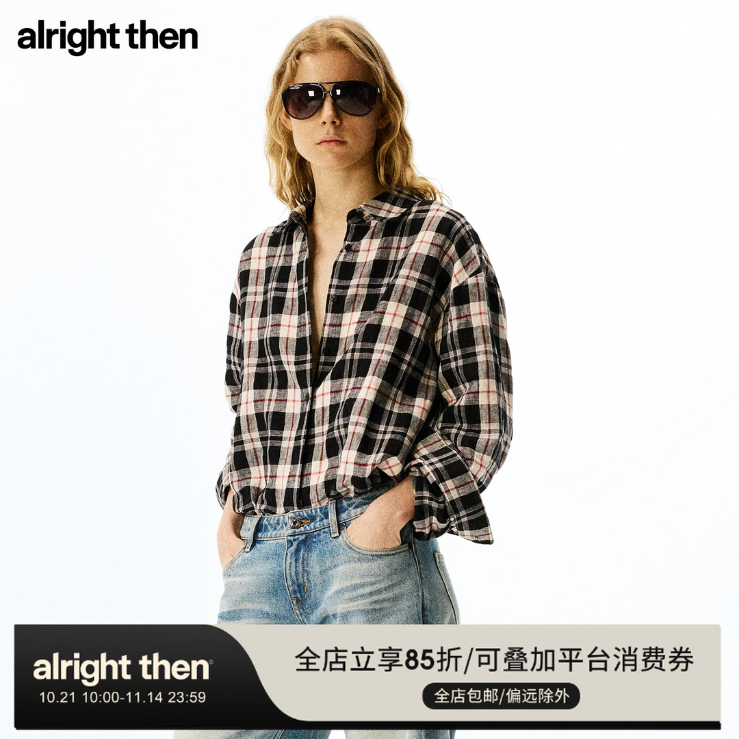 alright then黑红格纹亚麻棉轻薄复古宽松廓形落肩格子长袖衬衫