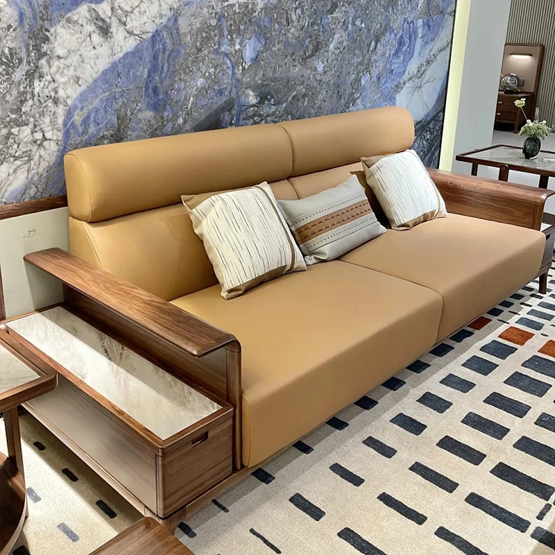 新中式黑胡桃木实木沙发组合真皮轻奢现代禅意别墅客厅家具简约款