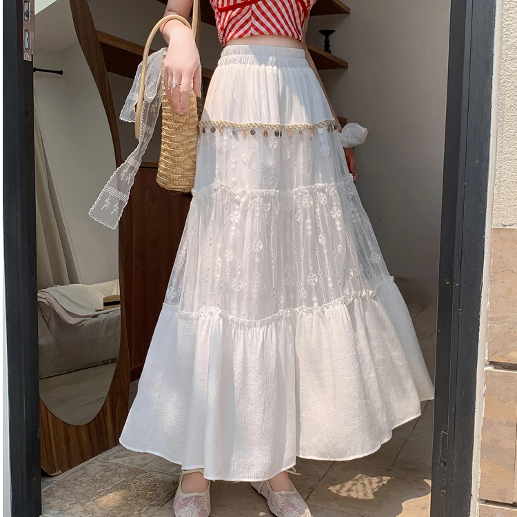 高级重工桃花皱蕾丝拼接木耳边贝壳亮片流苏长裙波西米亚风半身裙