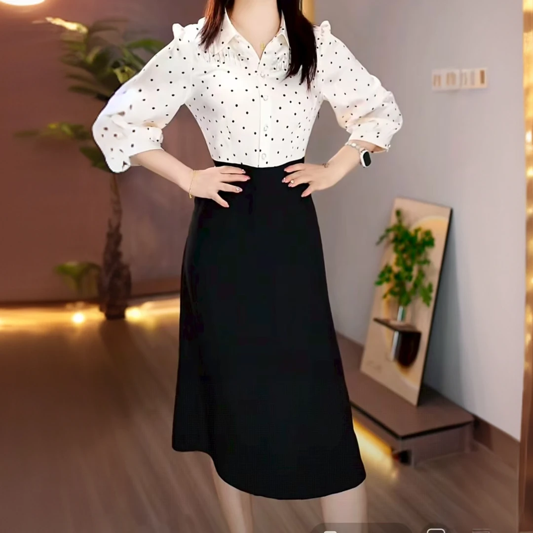 2025春秋波点连衣裙衬衣领中长袖新款显瘦遮肚职业轻熟风洋气减龄