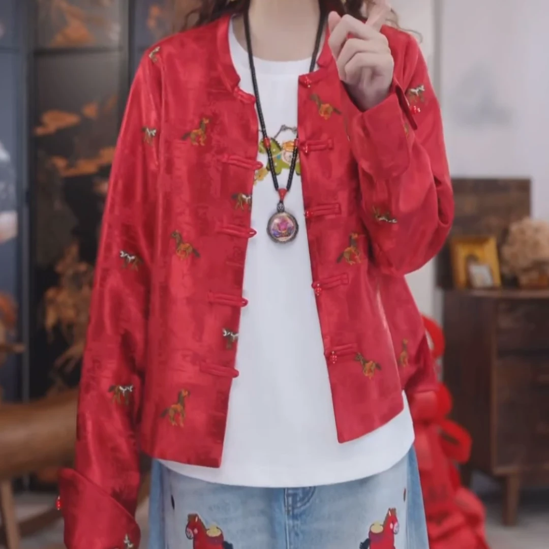 【千骏呈祥】2025国风圆领唐装短款新中式长袖马年刺绣盘扣外套女