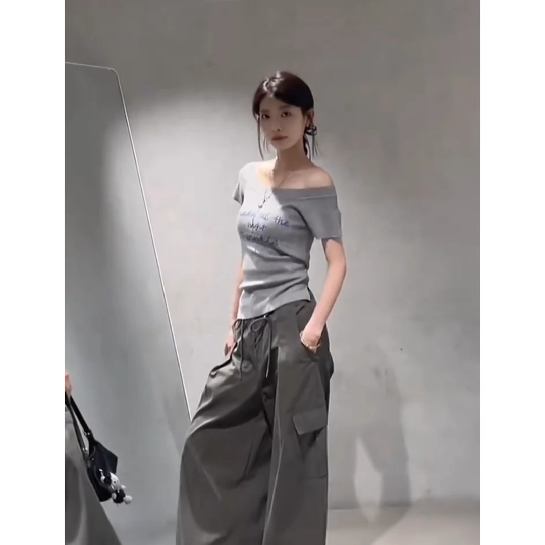 2025新款字母灰色纯色短袖毛针织衫休闲修身工装裤显瘦百搭设计感