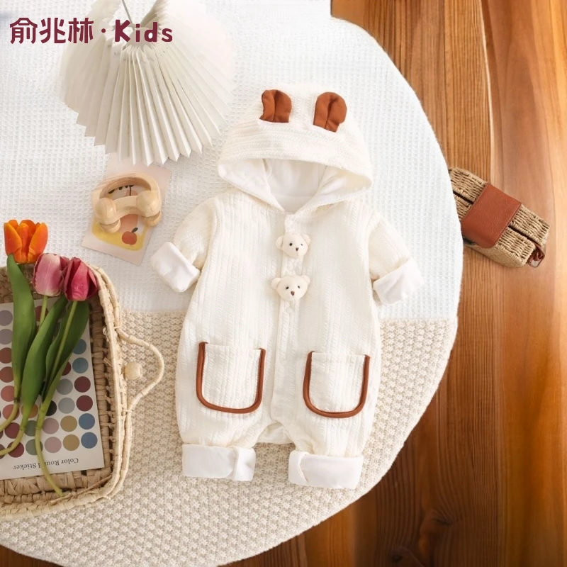 秋季新款男女宝宝双层两只立体小熊连帽耳朵哈衣外出服爬爬服