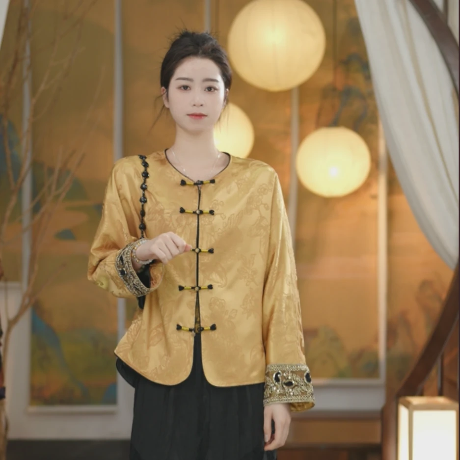 素娘设计师长袖网红新中式复古重磅中国风提花圆领外套insS24102W