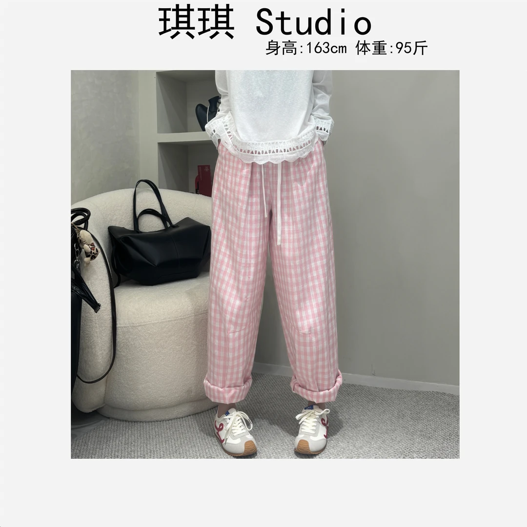 春季新款洋气松紧腰抽绳阔腿宽松显瘦减龄百搭休闲格子裤93323-G