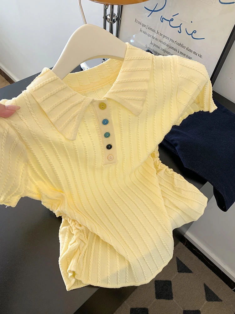 韩系炸街独特漂亮超好看单穿上衣高级感黄色polo领短袖t恤女夏季