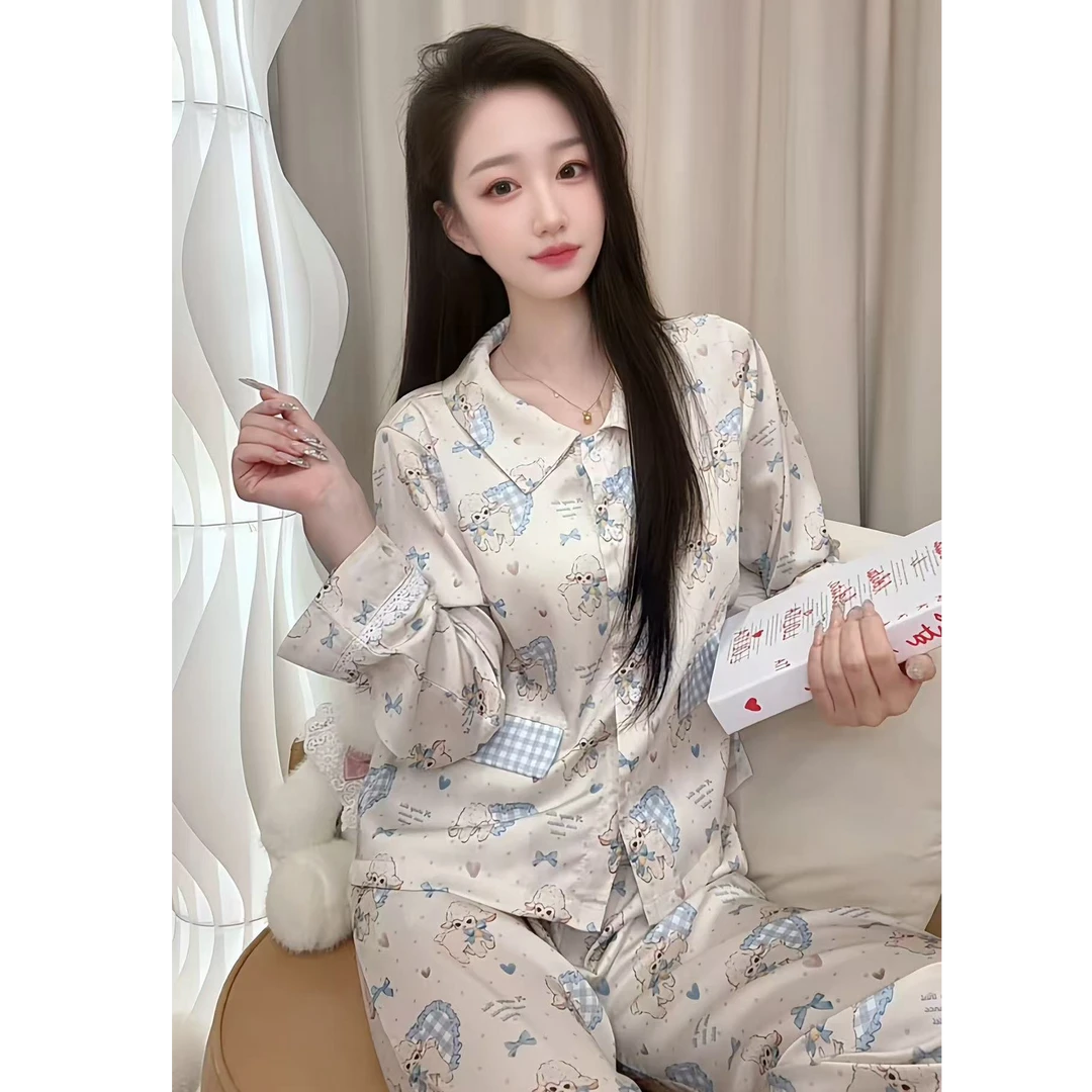 （格子小羊）秋季亲肤可爱精显瘦长袖睡衣女家居服可外穿休闲套装