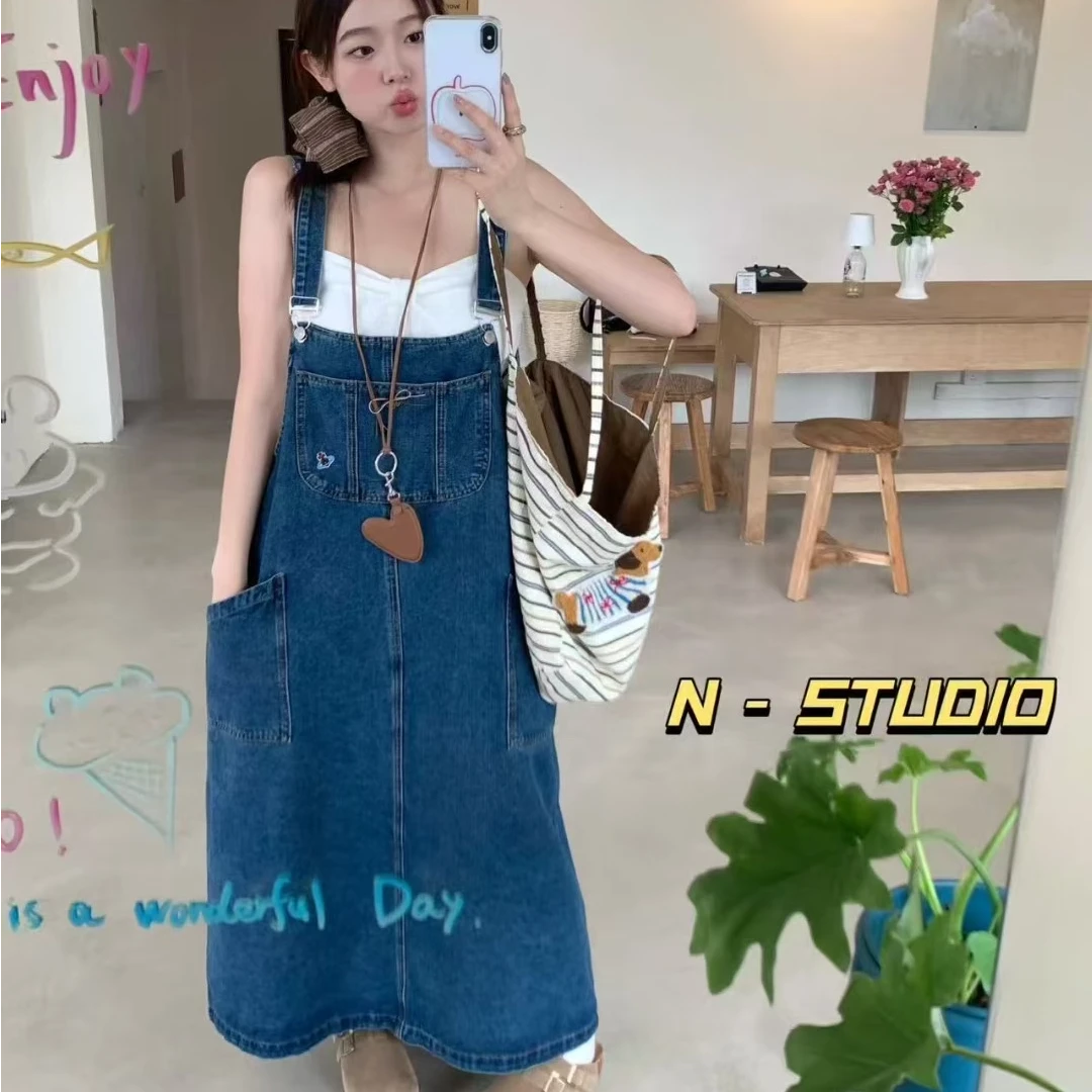 【纯熙+】N0074早秋新款蝴蝶结牛仔裤背带裙女韩版宽松可调节肩带