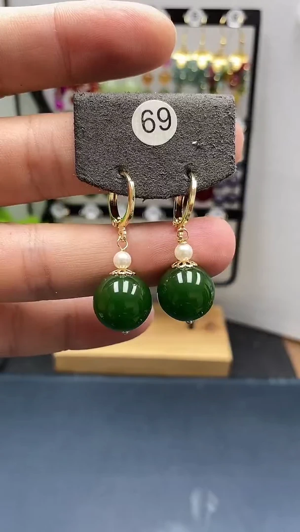 和田玉银S925镀金镶嵌耳饰尺寸14mm耳扣04