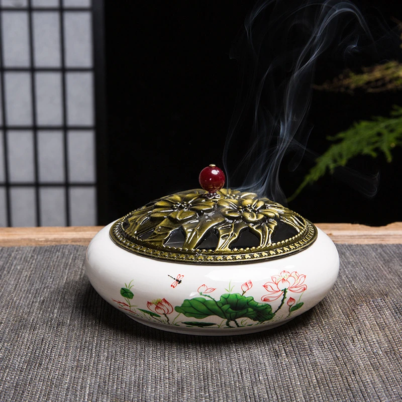 陶瓷大号蚊香炉檀香盒盘香炉室内带盖防火中式线香插香座摆件w