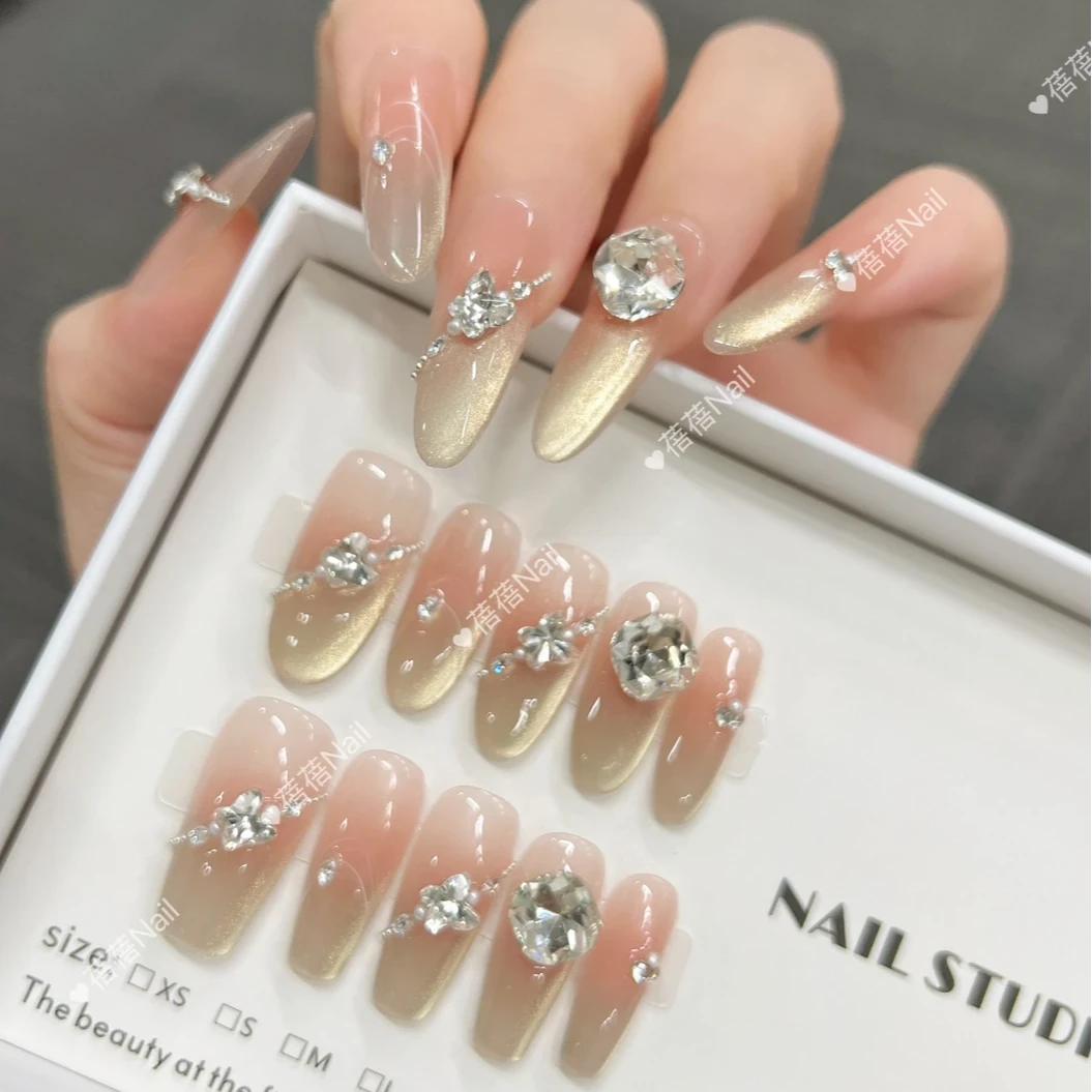 【金陵月下】玻璃珠猫眼新款纯手工穿戴甲蝴蝶钻香槟金猫眼美甲10片